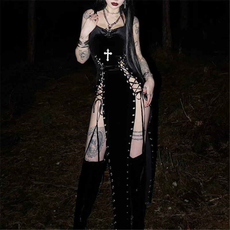 Velvet Gothic Gown With High Split Hem And Straps