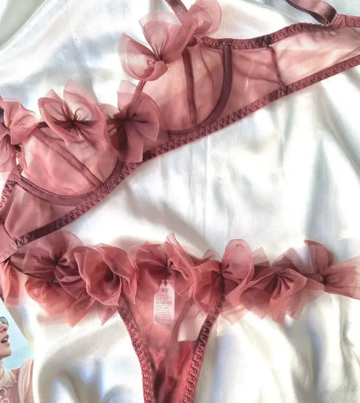 Flowery Sexy Mesh Lingerie Thong Set Hot Flirt Half Cup Ultra-thin Bra
