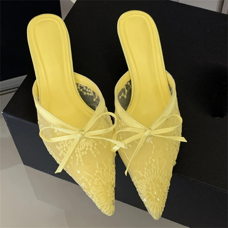 Butterfly Knot Pointed Toe Mules Breathable Mesh