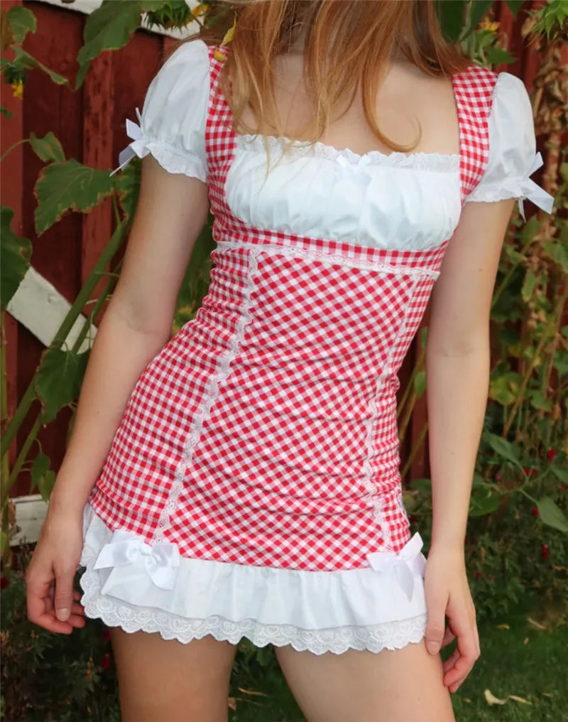 Sweet Vintage Plaid Babydoll Mini Dress With Gingham Lace Trim