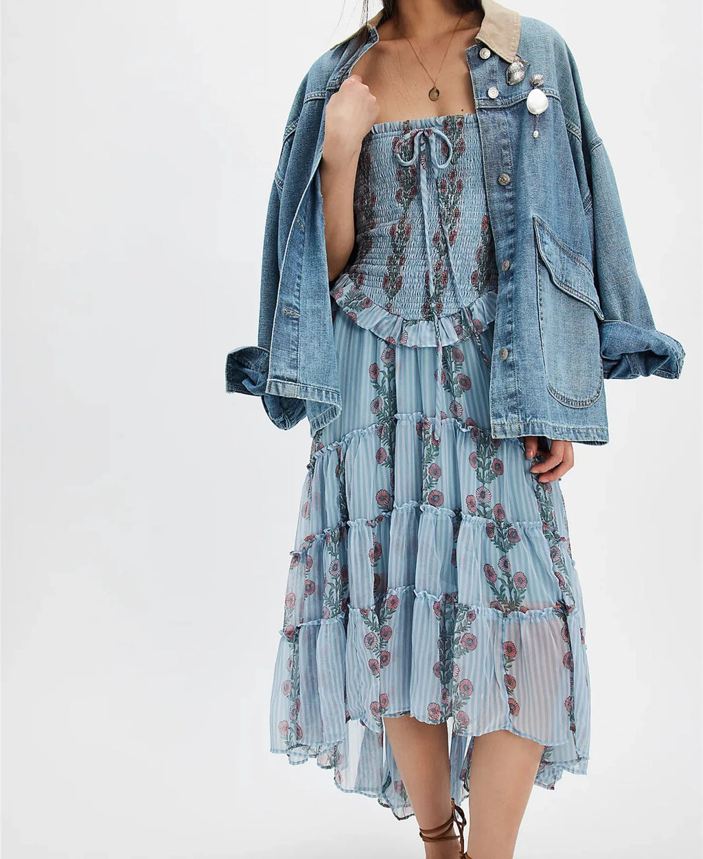 Women Floral Cami Dress Smocked Square Neck Spaghetti Strap Backless Tiered Ruffled High Low Midi Dress