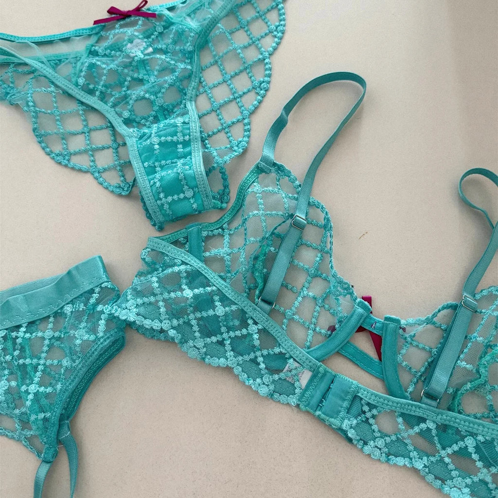Lace Ultra-Thin Push-Up Bra Panty and Garter Set in Blue Transparent Lattice