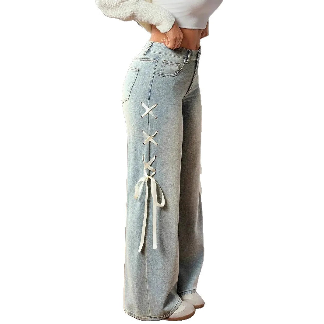 Washed Denim Wide Leg Pants With Lace Up Detail Pockets
