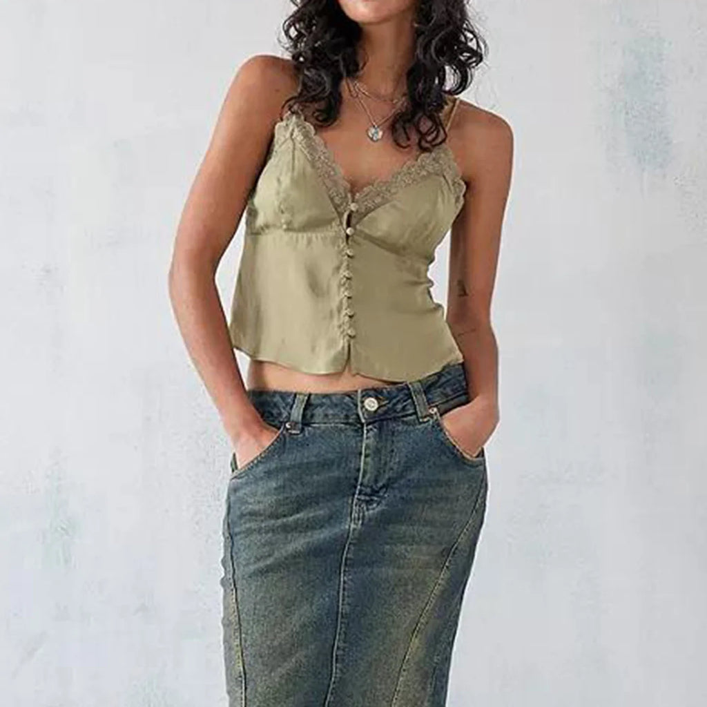 Dreamy V Neck Lace Trim Spaghetti Tank Top With Backless
