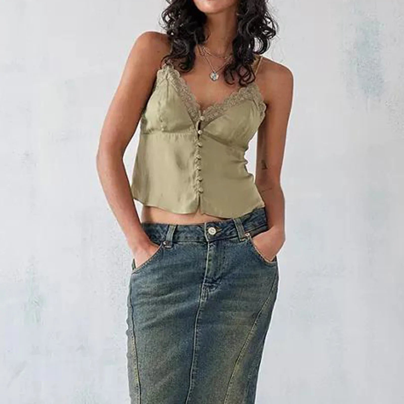 Dreamy V Neck Lace Trim Spaghetti Tank Top With Backless
