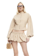 Stripe Zipper Cardigan And Ruched Mini Skirt Set