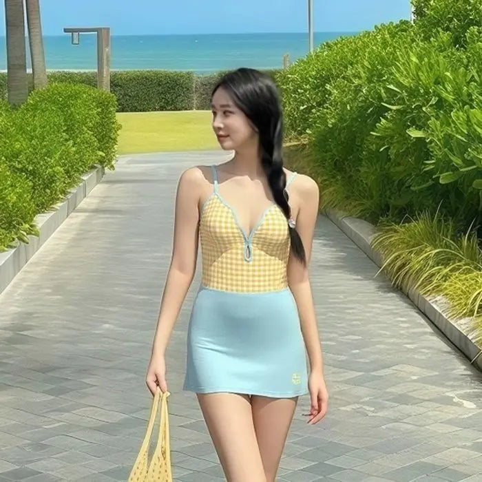 Sunny Gingham Spaghetti Strap V Neck One Piece Swimsuit With Lace Up Detailing And Light Blue Cover Up Skirt