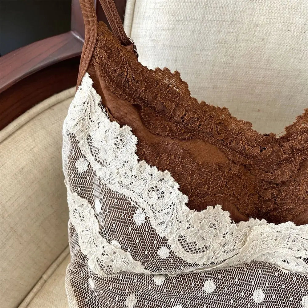 Lace Dots Wrapped Camisole With Pads Slim Fit Tank Top