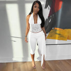 Lace Two Piece Set With Halter Backless Crop Top And Tie Waist Capri Pants See Through