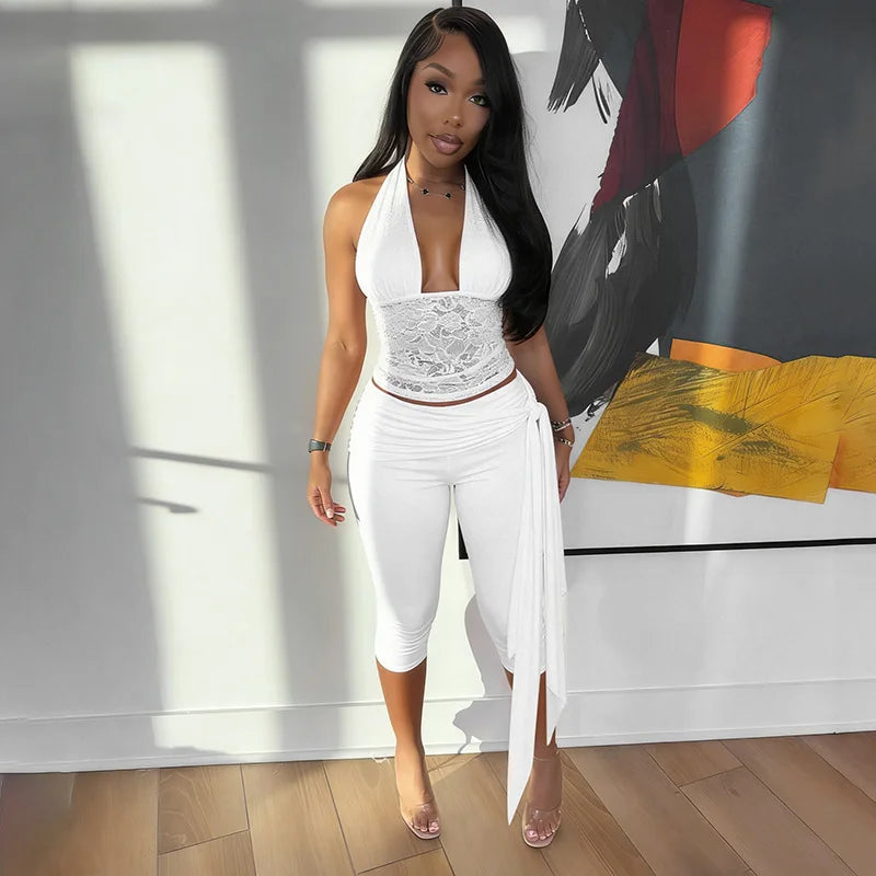 Lace Two Piece Set With Halter Backless Crop Top And Tie Waist Capri Pants See Through