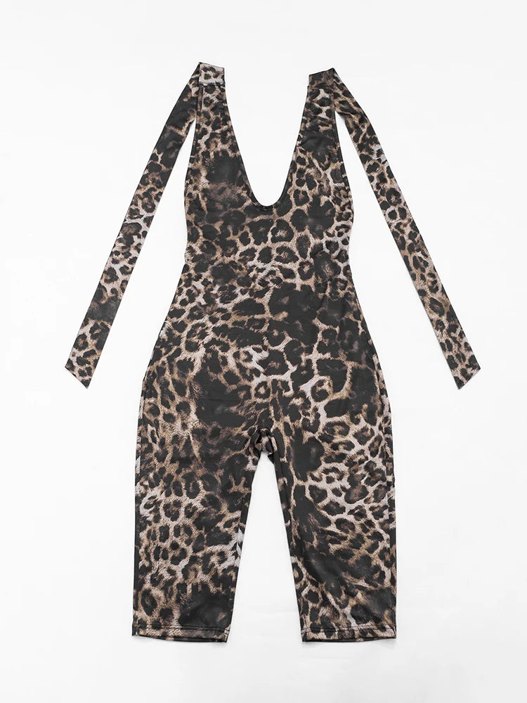 Leopard Print Halter Playsuit With Backless Design Bold Street Style Romper