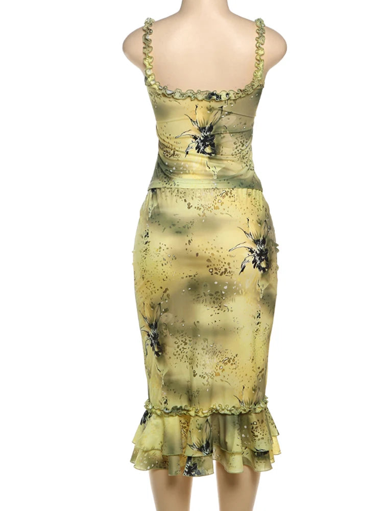 See Through Two Piece Set With Ruffles Patchwork Camisole And Tiered Skirts