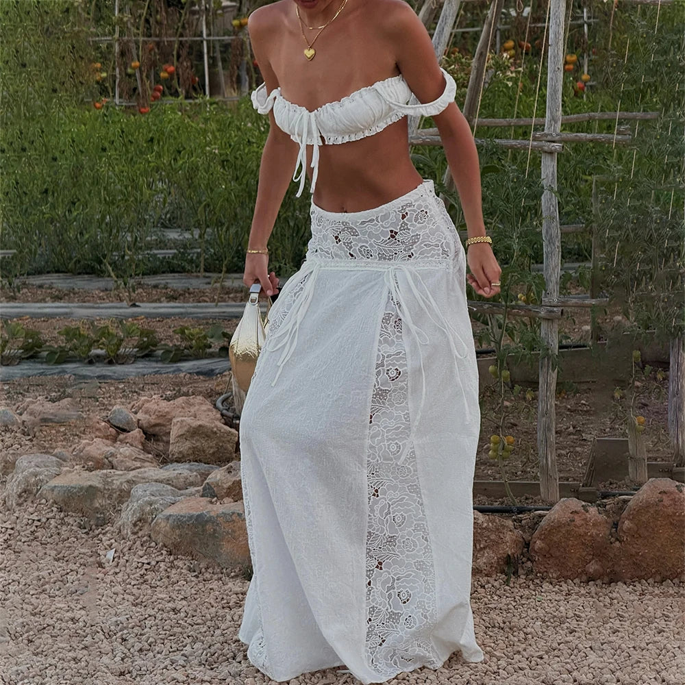 Boho 2 Piece Outfits Y2k Vintage Lace Square Neck Tie Up Ruched Crop Tank Top + Maxi Skirt Set