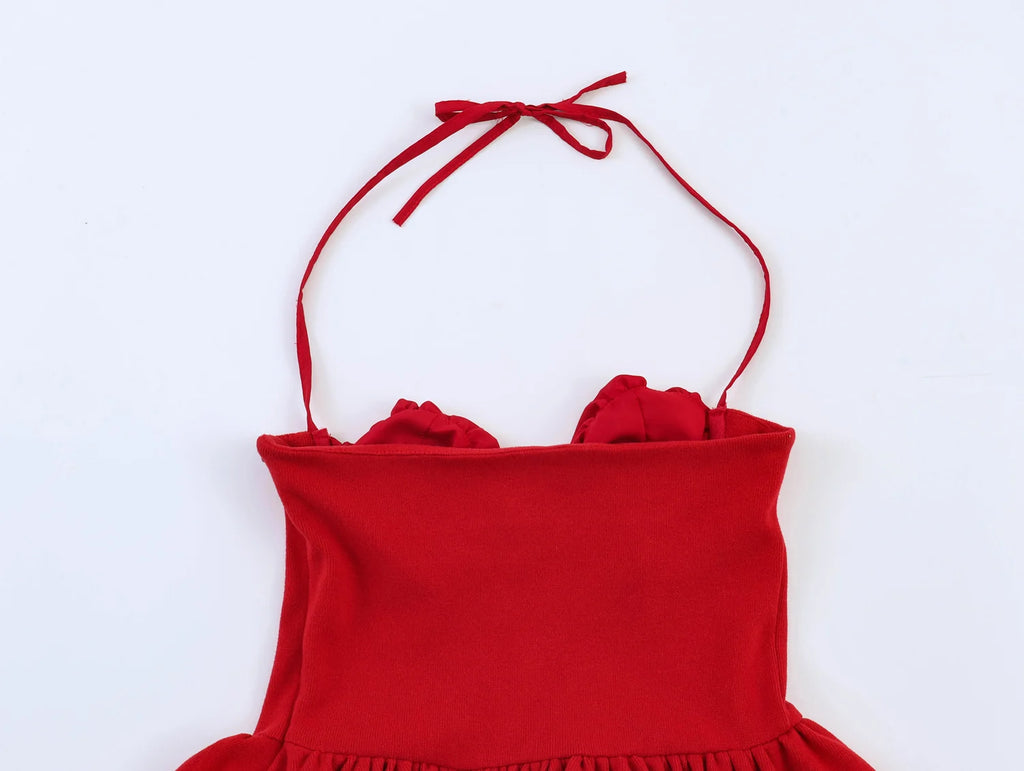Chic Red Sexy Halter Pleated Blouse