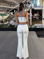 Halter Crop Top Two Piece Set With Drawstring Flare Pants Bold Letter Print
