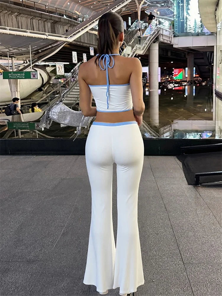 Halter Crop Top Two Piece Set With Drawstring Flare Pants Bold Letter Print