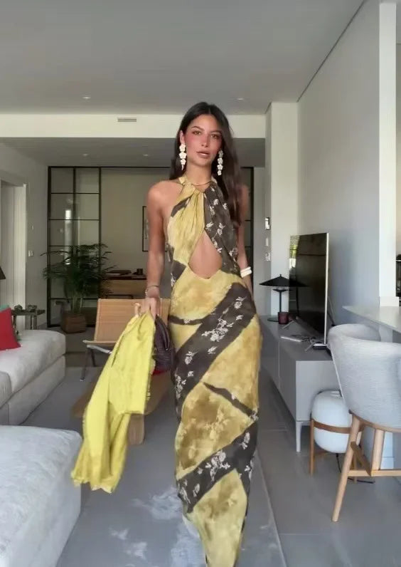 Sunny Yellow Floral Halter Maxi With Openwork Waist Vintage