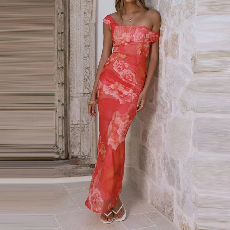 Elegant Floral Mesh Maxi Dress Sleeveless With Slash Collar