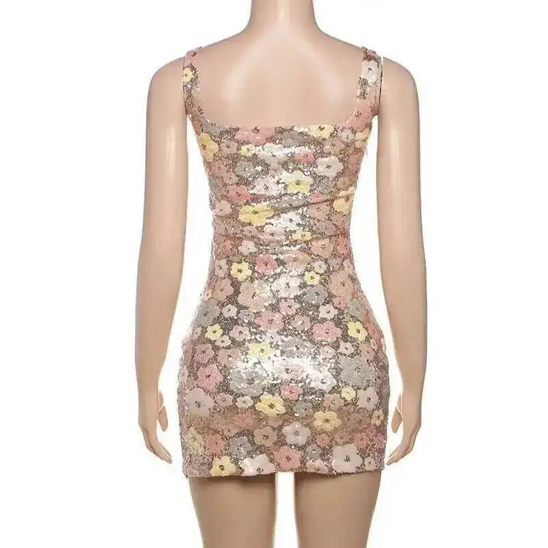 Floral Sequin Mini Dress With Spaghetti Straps
