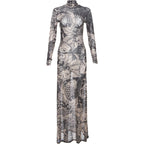Mesh Print Maxi Bodycon Dress With Turtleneck And Long Sleeves