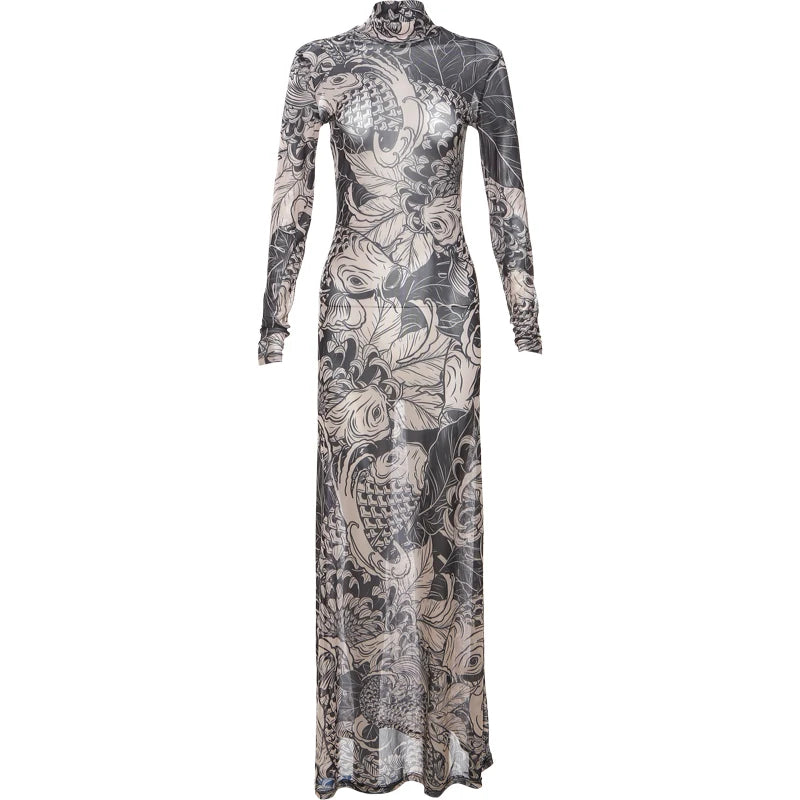 Mesh Print Maxi Bodycon Dress With Turtleneck And Long Sleeves
