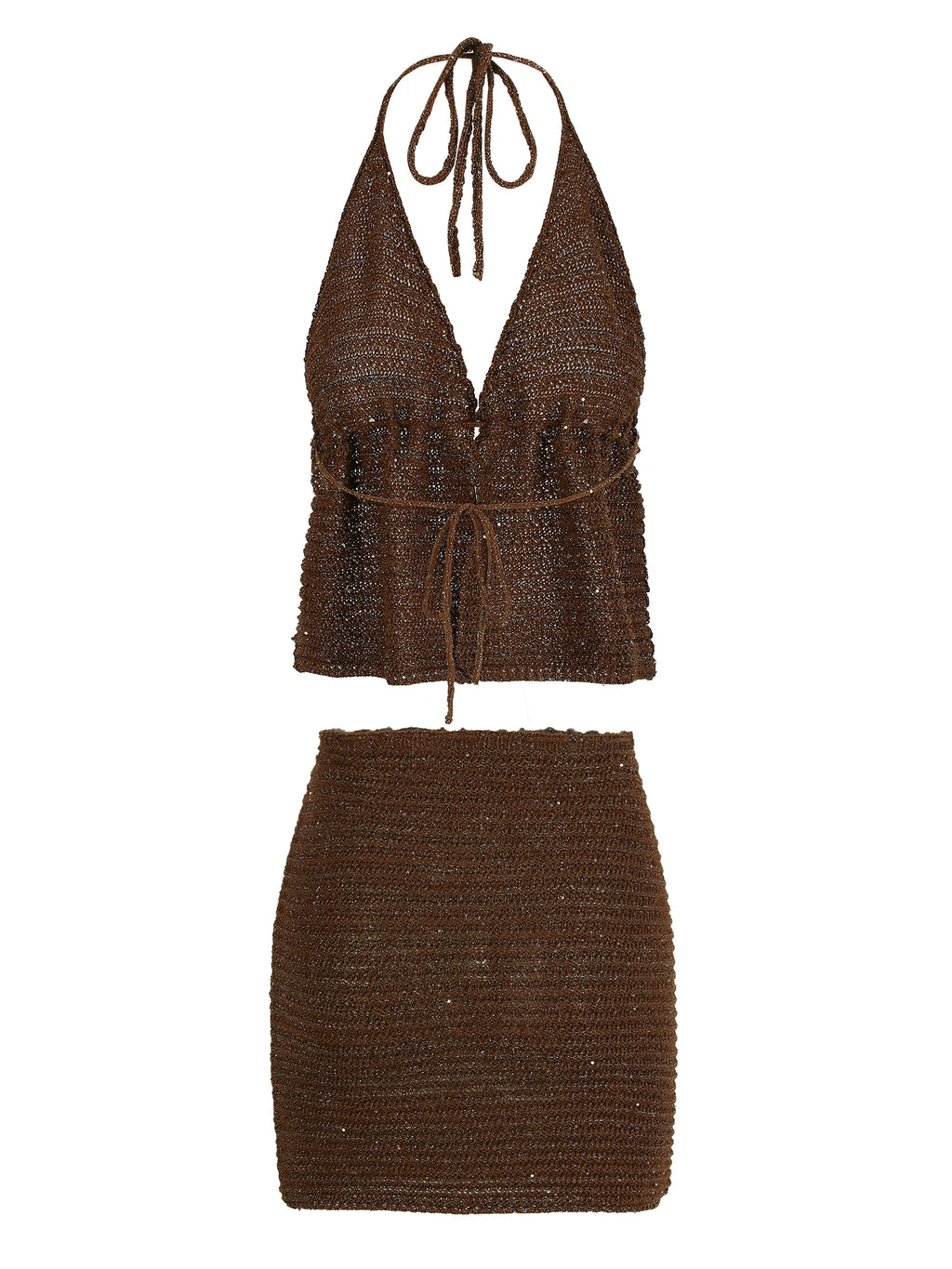 Knit Beach Set With Wrap Backless Top And Mini Skirt