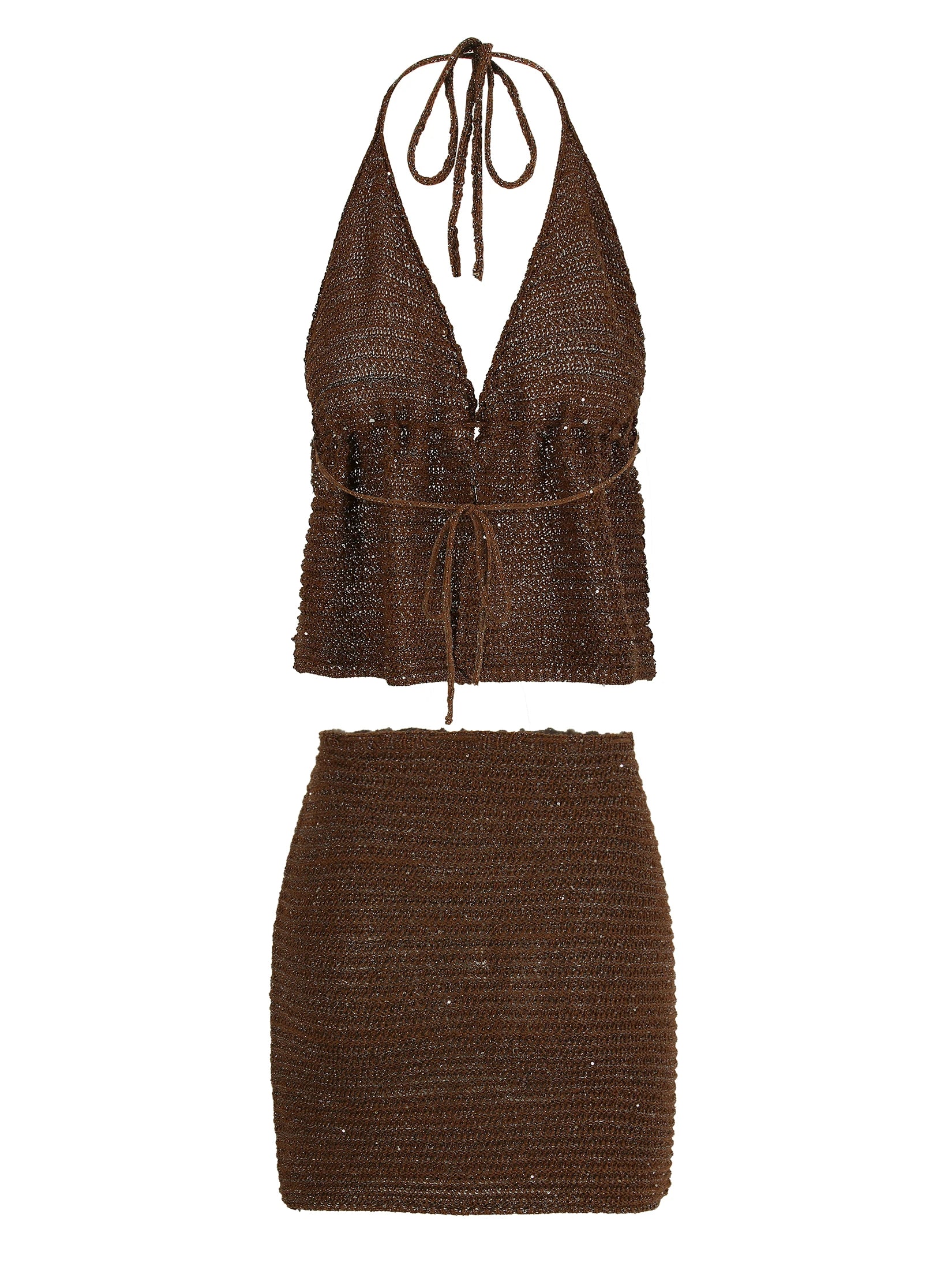 Knit Beach Set With Wrap Backless Top And Mini Skirt