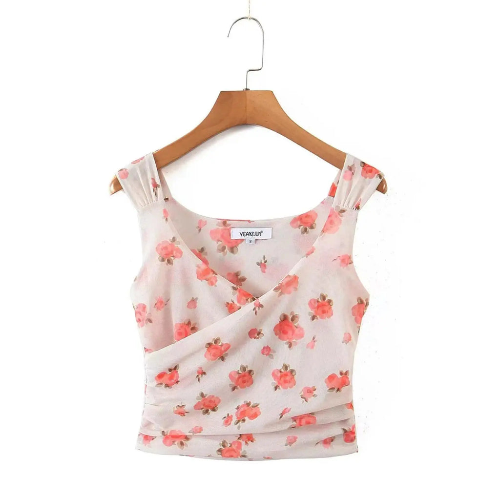 Apricot Floral Mesh Tank Top With V Neck And Ruched Corset Silhouette Sleeveless Crop Cami