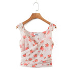 Apricot Floral Mesh Tank Top With V Neck And Ruched Corset Silhouette Sleeveless Crop Cami