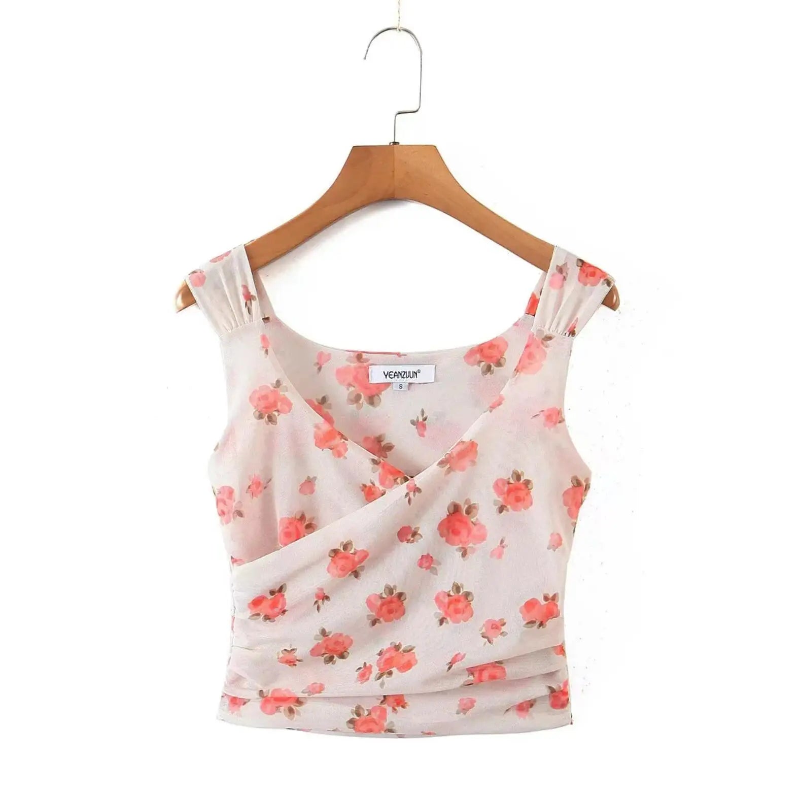 Apricot Floral Mesh Tank Top With V Neck And Ruched Corset Silhouette Sleeveless Crop Cami