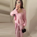 Striped Pant Sets With Crop Top Bow Detail And High Waist Trousers