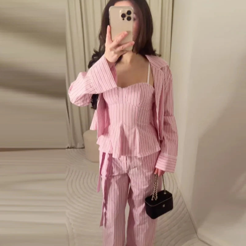 Striped Pant Sets With Crop Top Bow Detail And High Waist Trousers