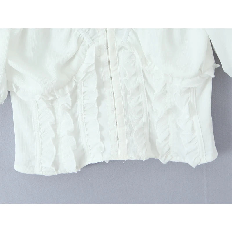 Sunlit Vintage Puff Sleeve V Neck White Chiffon Crop Top Blouse