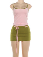 Patchwork Two Piece Set With Backless Camisole Top And Tassel Mini Skirt Y2K Vibe