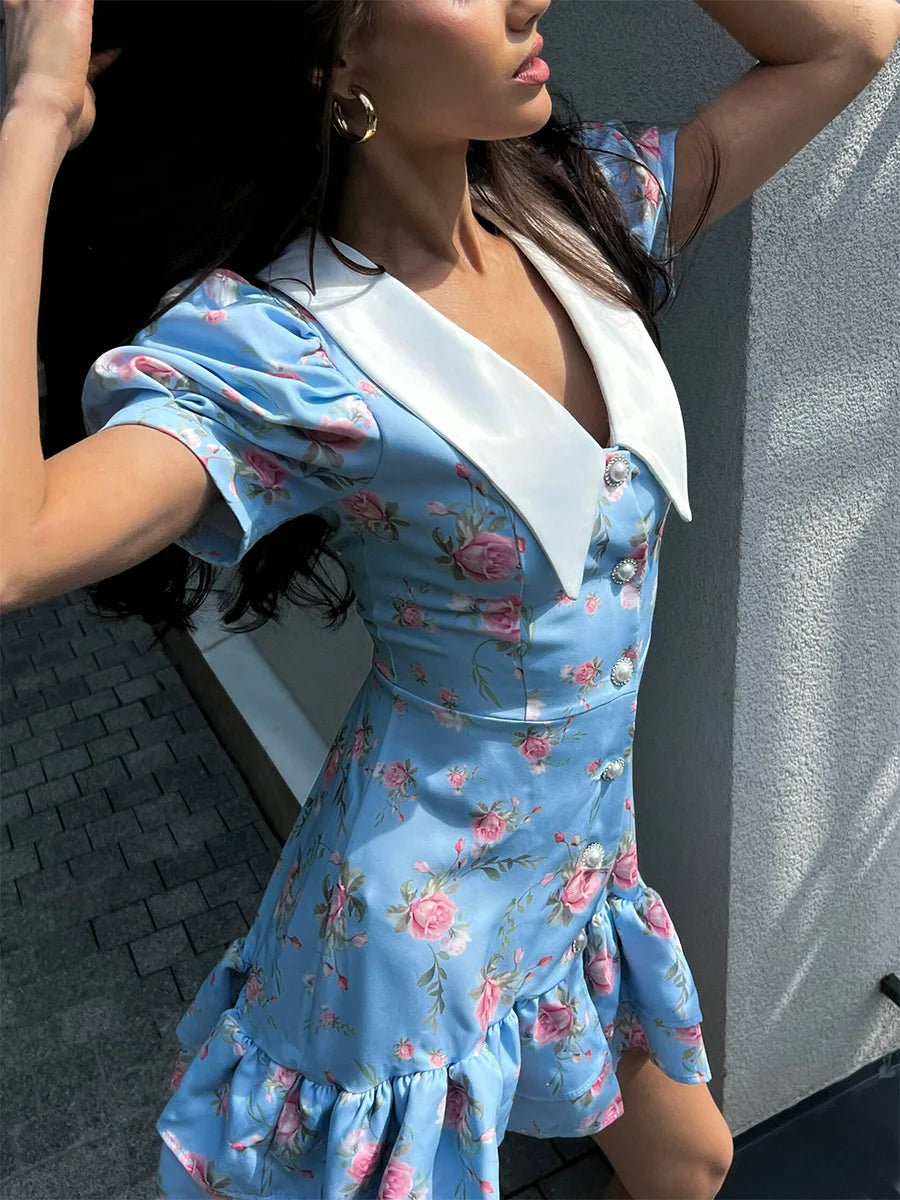 Puff Sleeves Ruffled Mini Dress With Pearl Buttons