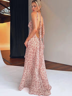 Floral Lace Up Chiffon Maxi Dress With Side Slit Backless