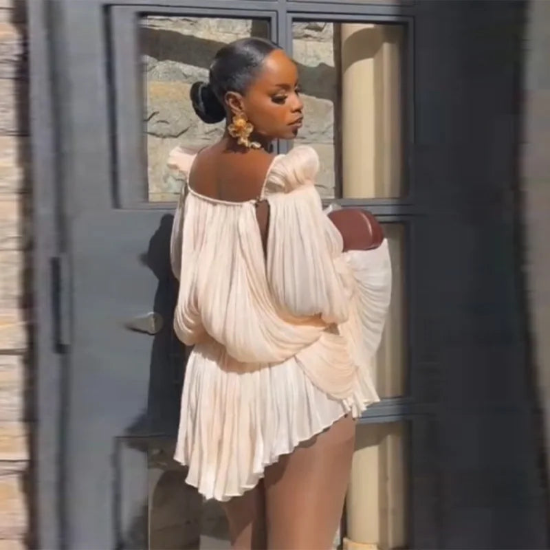 Satin Off Shoulder Pleated Mini Dress With Puff Sleeves And Cinched Waist