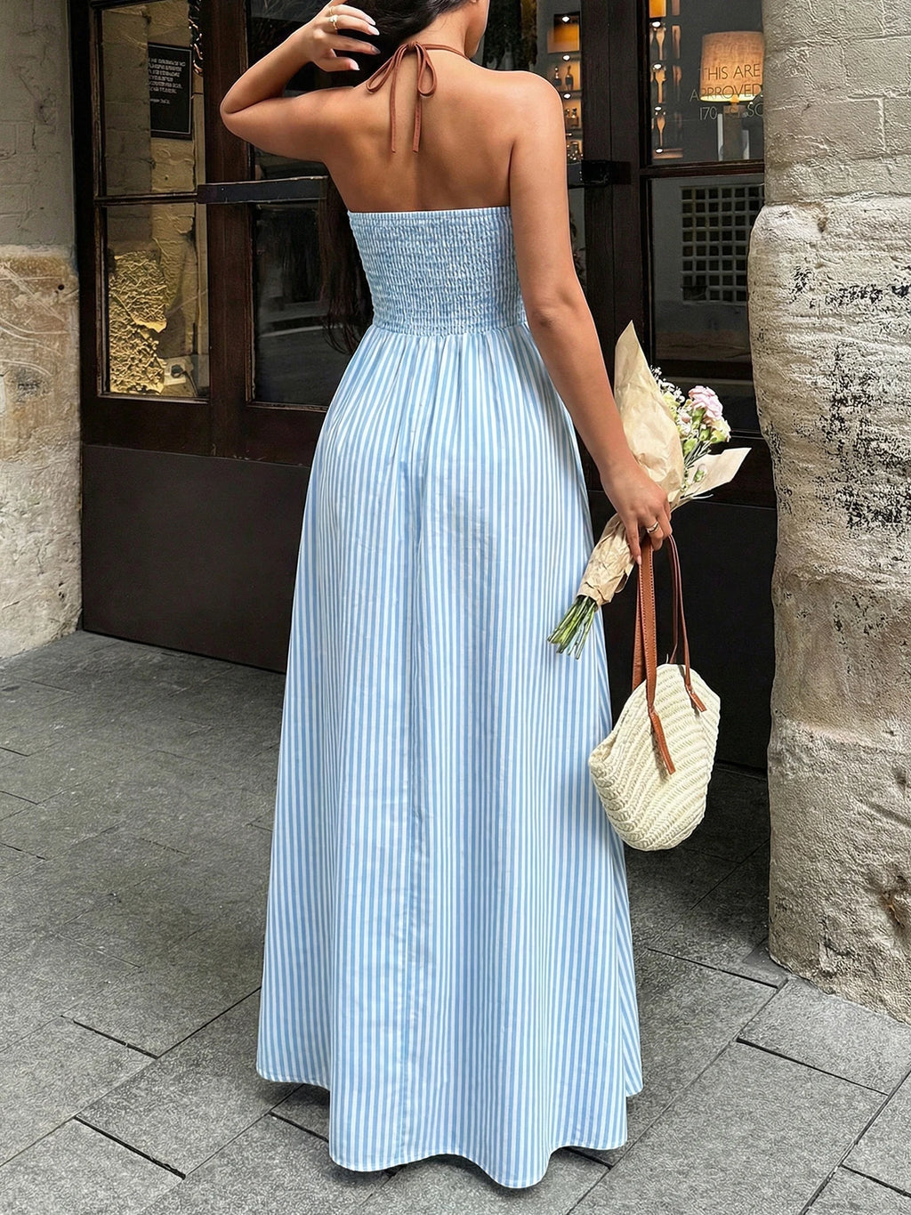 Sea Breeze Striped Deep V Beach Dress With Backless Sleeveless Maxi