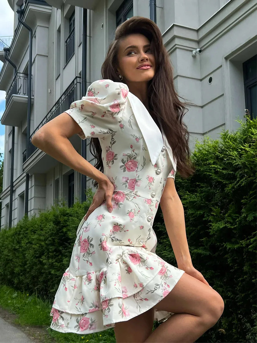 Puff Sleeves Ruffled Mini Dress With Pearl Buttons