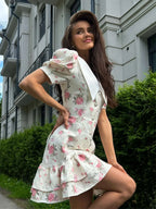 Puff Sleeves Ruffled Mini Dress With Pearl Buttons