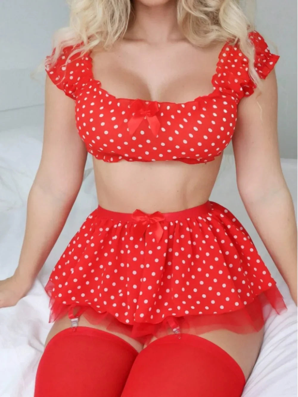 Polka Dots Tutu Lingerie Set Off Shoulder Twopiece with Plunge Bra and Satin Trim
