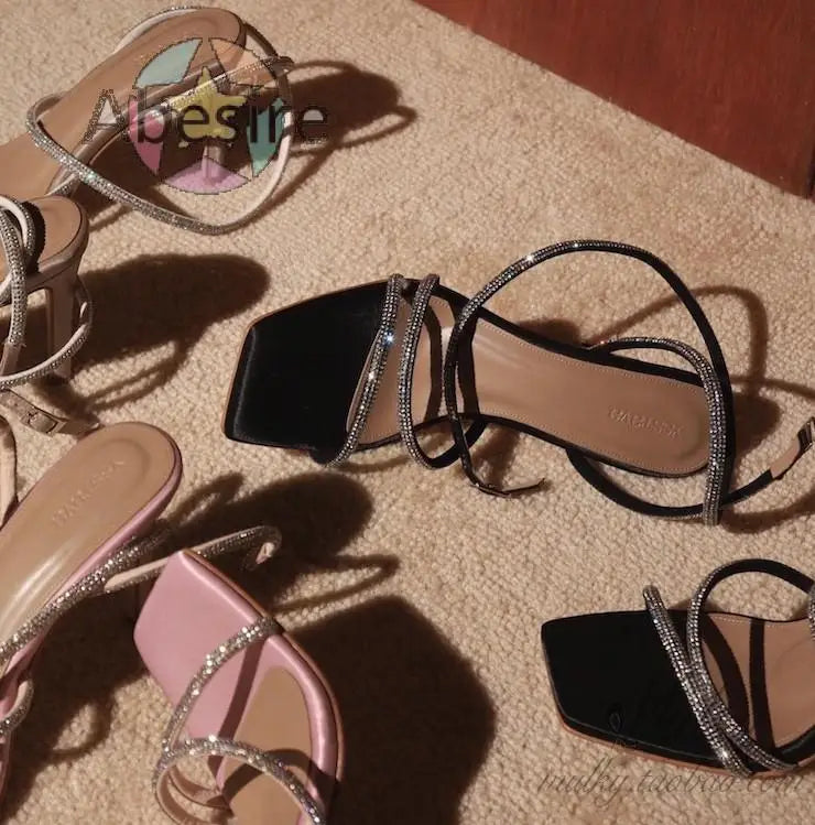 Pink Diamond Sparkle Stiletto Sandals With Open Toe And Square Detail For Evening Parties