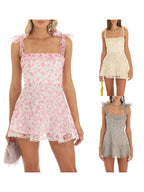 Double Layer Backless Cami Dress With Floral Print And Tie Up Shoulder Straps Mini Length
