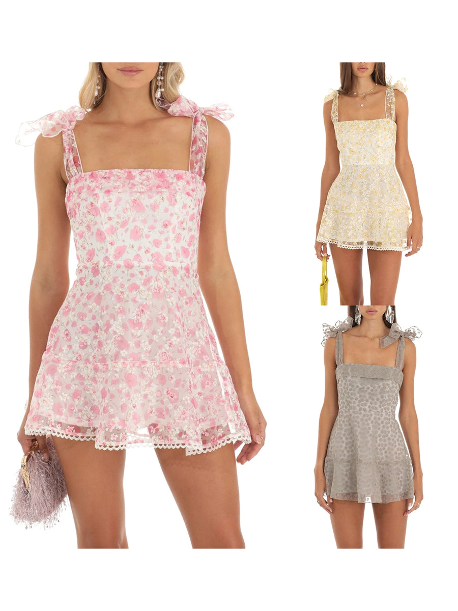 Double Layer Backless Cami Dress With Floral Print And Tie Up Shoulder Straps Mini Length