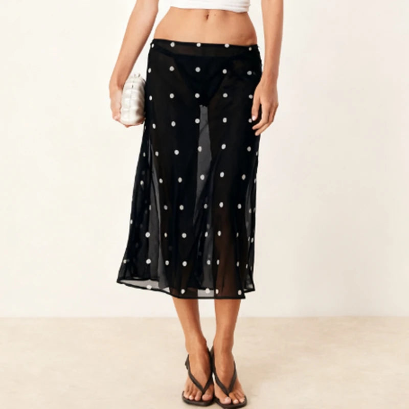 Polka Dot Sheer Midi Skirt With Mesh Details Flowy Maxi
