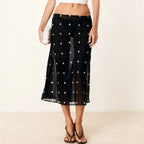 Polka Dot Sheer Midi Skirt With Mesh Details Flowy Maxi
