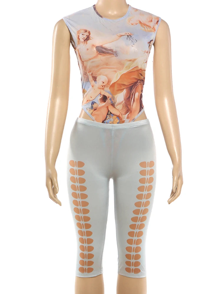 Vibrant Colorful Print Two Piece Summer Set With Sleeveless Bodysuits And Peach Shorts