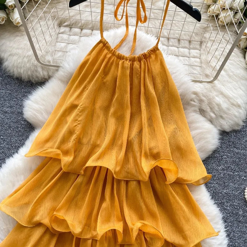 Cascading Ruffles Lace Up Halter Backless Dress