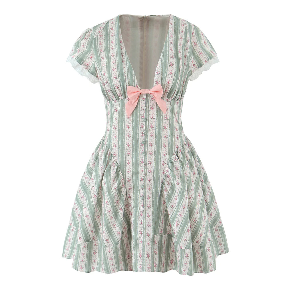 Green French Style Floral Sexy Mini Bohemian Women V-neck Striped Ruffles Dress