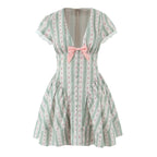Green French Style Floral Sexy Mini Bohemian Women V-neck Striped Ruffles Dress